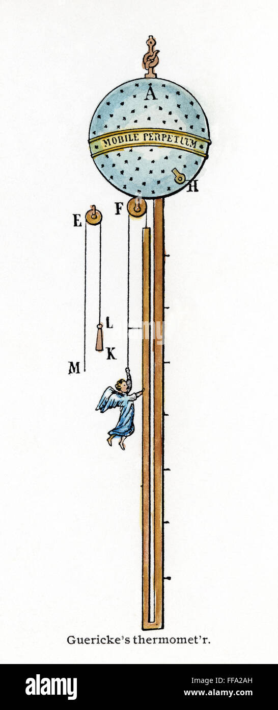GEURICKE: termometro. /NThermometer inventato da Otto von Guericke, c1660, costituito da un globo di rame e conduttori con alcool il riempimento del tubo a forma di U. La linea di incisione, American, c1900. Foto Stock