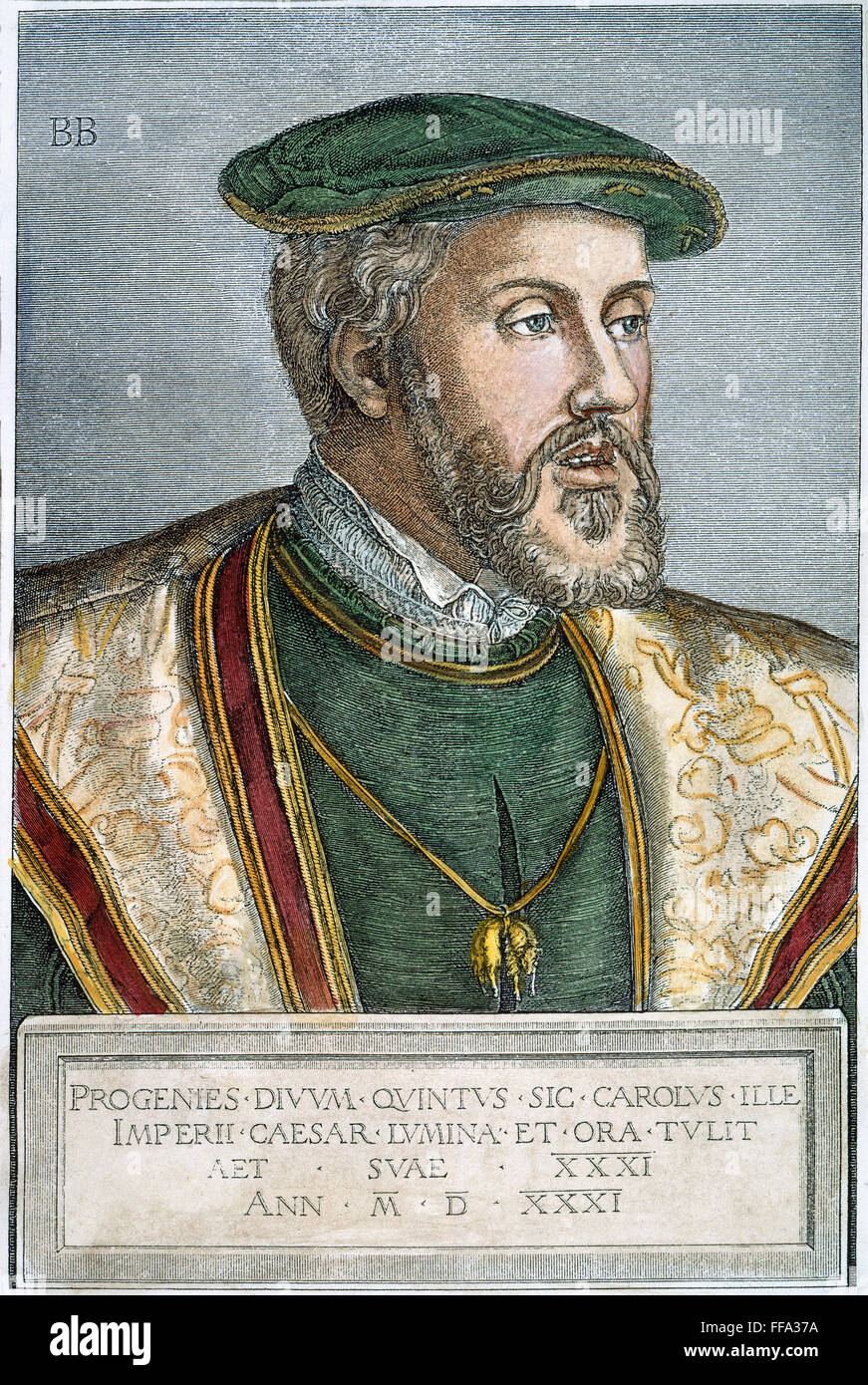 Carlo V (1500-1558). /NHoly Imperatore Romano (1519-1556) e il re di Spagna Carlo I (1516-1556). Incisione su rame, 1531, da Bartel Beham. Foto Stock