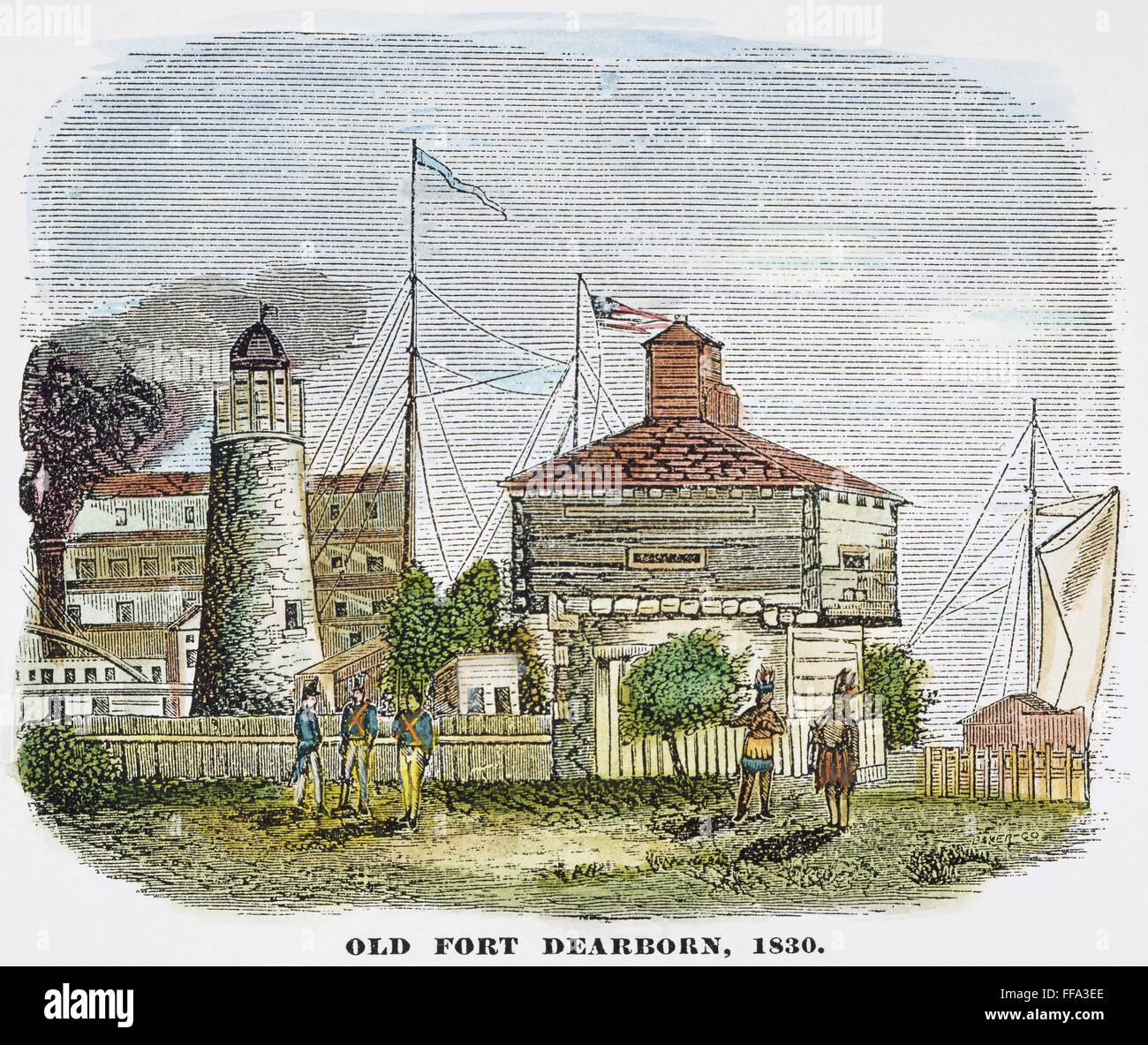 FORT DEARBORN, 1830. /NFort Dearborn, costruito alla foce del fiume Chicago nel 1804, come appariva in 1830 con Chicago crescente intorno ad esso. Incisione su legno, americano, 1878. Foto Stock