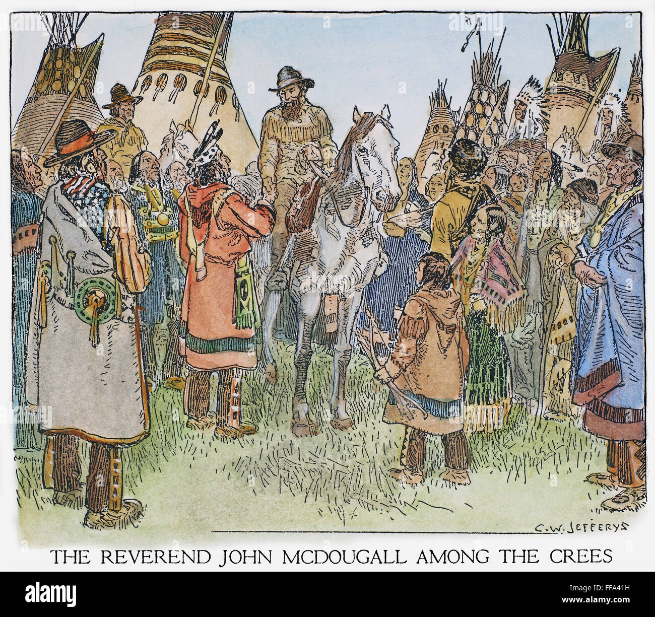CANADA: Missionario, 1870s. /NMethodist missionario John McDougall tra Cree nativi americani del Canada occidentale, primi 1870s. Disegno di C.W. Jefferys. Foto Stock