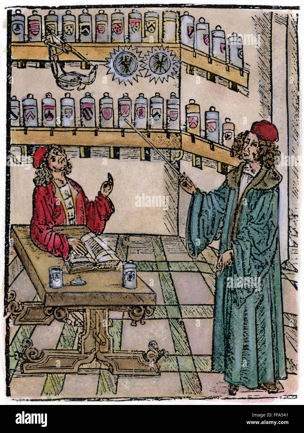 Speziale SHOP, 1500. /NA medico selezione di farmaci in uno speziale shop. Xilografia da Hieronymus Brunschwig 'Buch der Chirurgia,' Strassburg, Germania, 1500. Foto Stock
