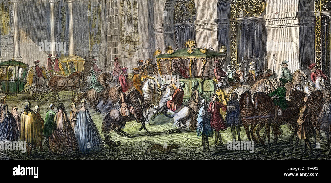 VERSAILLES, XVIII secolo. /NReception di un ambasciatore a Versailles nel XVIII secolo. Incisione su legno dopo Parrocel. Foto Stock
