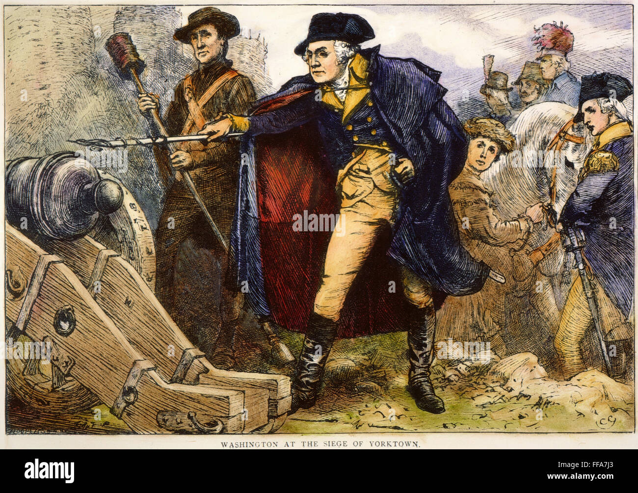 YORKTOWN: Washington. /NGeneral George Washington sparando un cannone all'assedio di Yorktown, Virginia, nel 1781: colorati, incisione del XIX secolo. Foto Stock