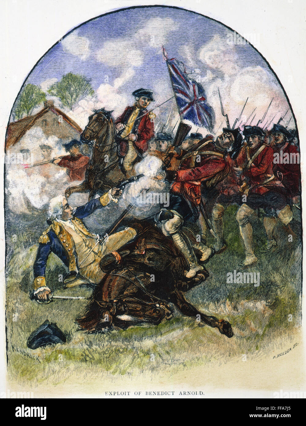 BENEDICT ARNOLD feriti. /NMajor Arnold generale difendere se stesso dopo essere stato ferito e caduta dal suo cavallo alla seconda battaglia di Saratoga il 7 ottobre 1777. Incisione colorata, xix secolo. Foto Stock