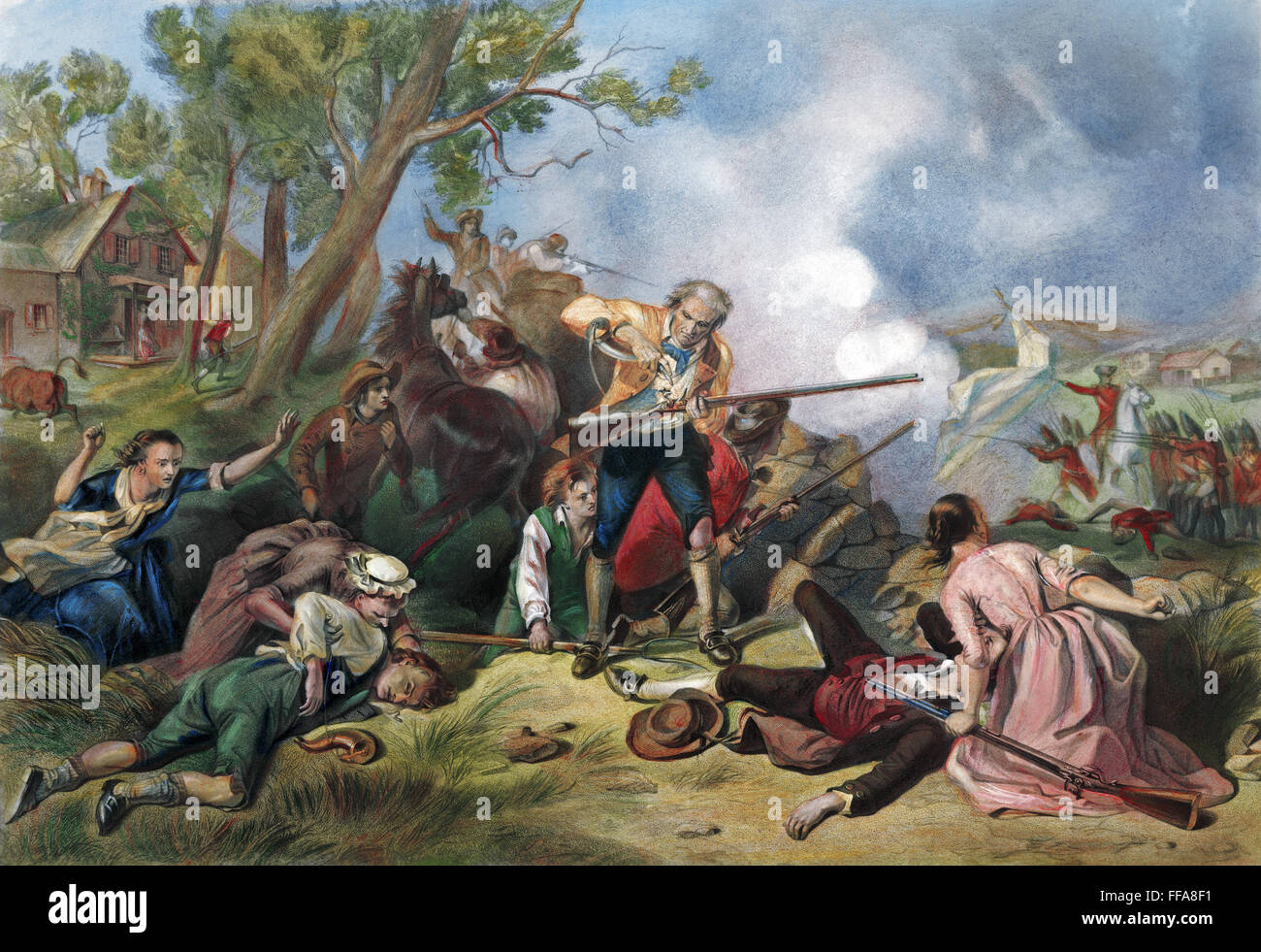 CONCORD/Lexington, 1775. /Nprimo colpo per la libertà (Lexington e Concord). Incisione colorata da A.H. Ritchie, xix secolo. Foto Stock
