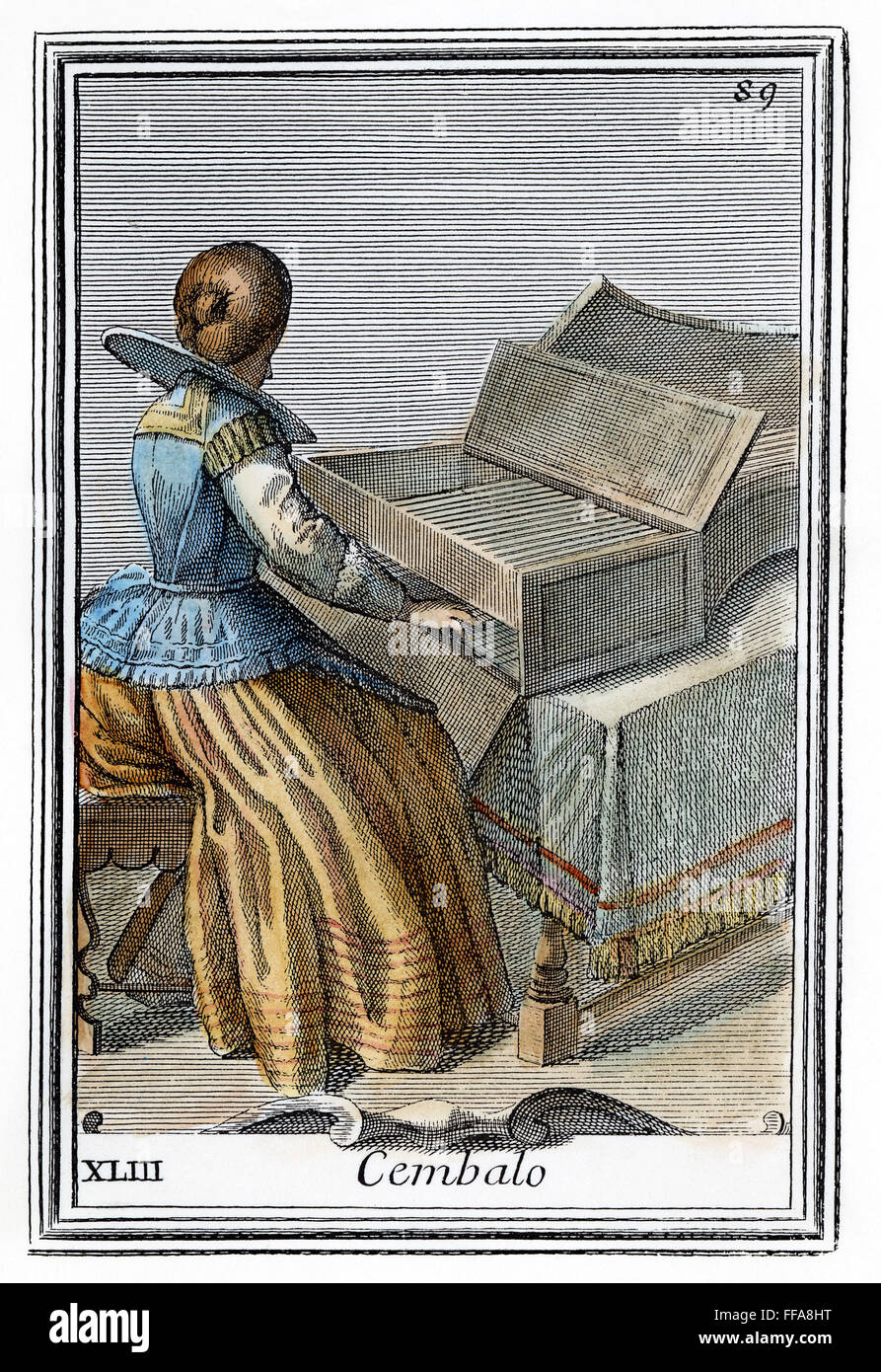 Cembalo, 1723. /NA donna giocando un clavicembalo. Incisione su rame, 1723 da Arnold van Westerhout. Foto Stock