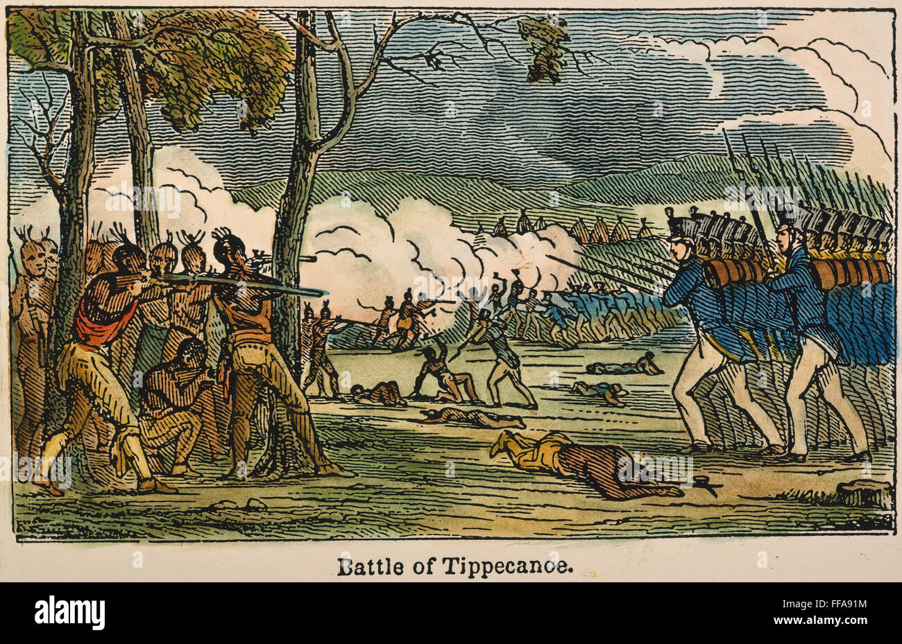 Battaglia di TIPPECANOE, 1811. /NA forza degli Stati Uniti in generale William Henry Harrison sconfigge i nativi americani sotto Tenskwatawa, il profeta, fratello di Tecumseh, 7 novembre 1811. Incisione colorata, xix secolo. Foto Stock