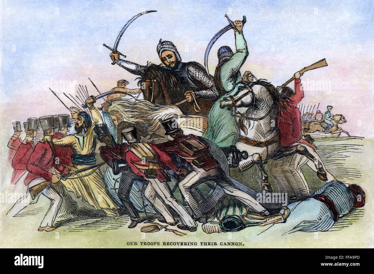 Guerra in Afghanistan, 1842. /NBritish truppe lotta il loro modo di Afghanistan attraverso il Khyber Pass. Contemporanea inglese incisione. Foto Stock