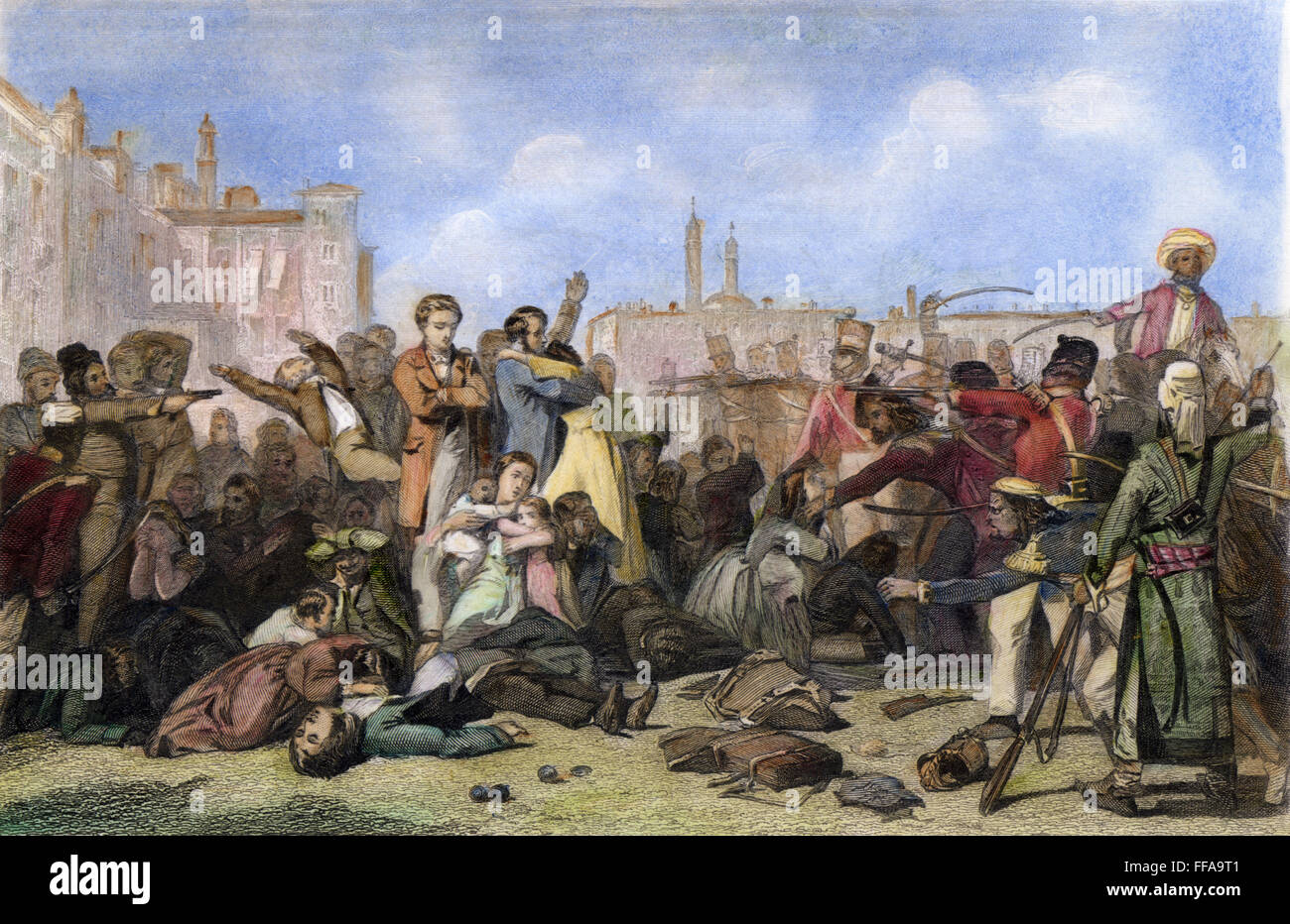 SEPOY mutiny 1857. /Nil massacro del britannico a Cawnpore durante la Ribellione Sepoy in India nel 1857. Contemporanea inglese incisione. Foto Stock
