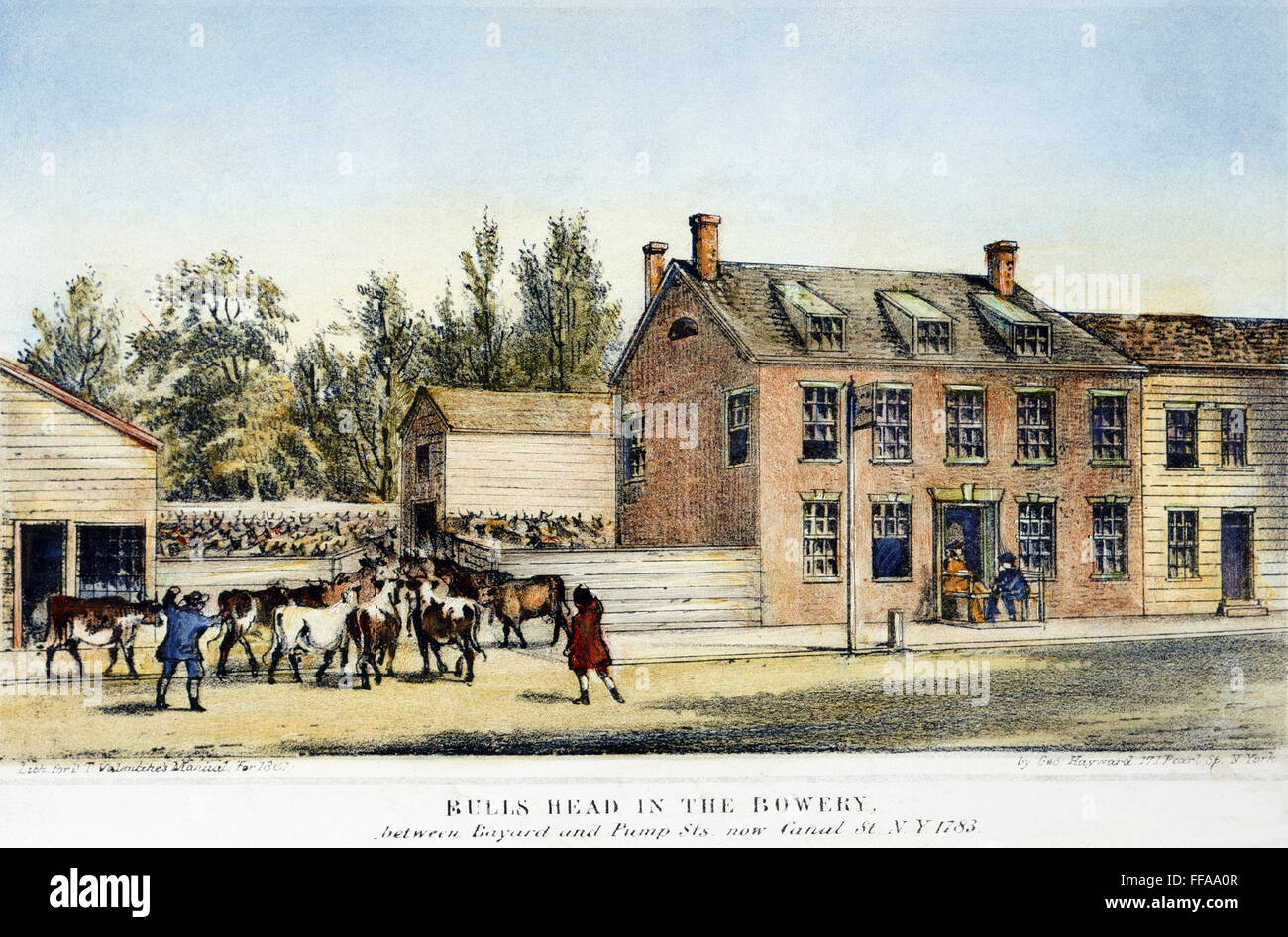 Il Bowery, New York, 1783. /Nil Bull taverna di testa nel Bowery, New York, come è apparso nel 1783. Litografia, 1861. Foto Stock