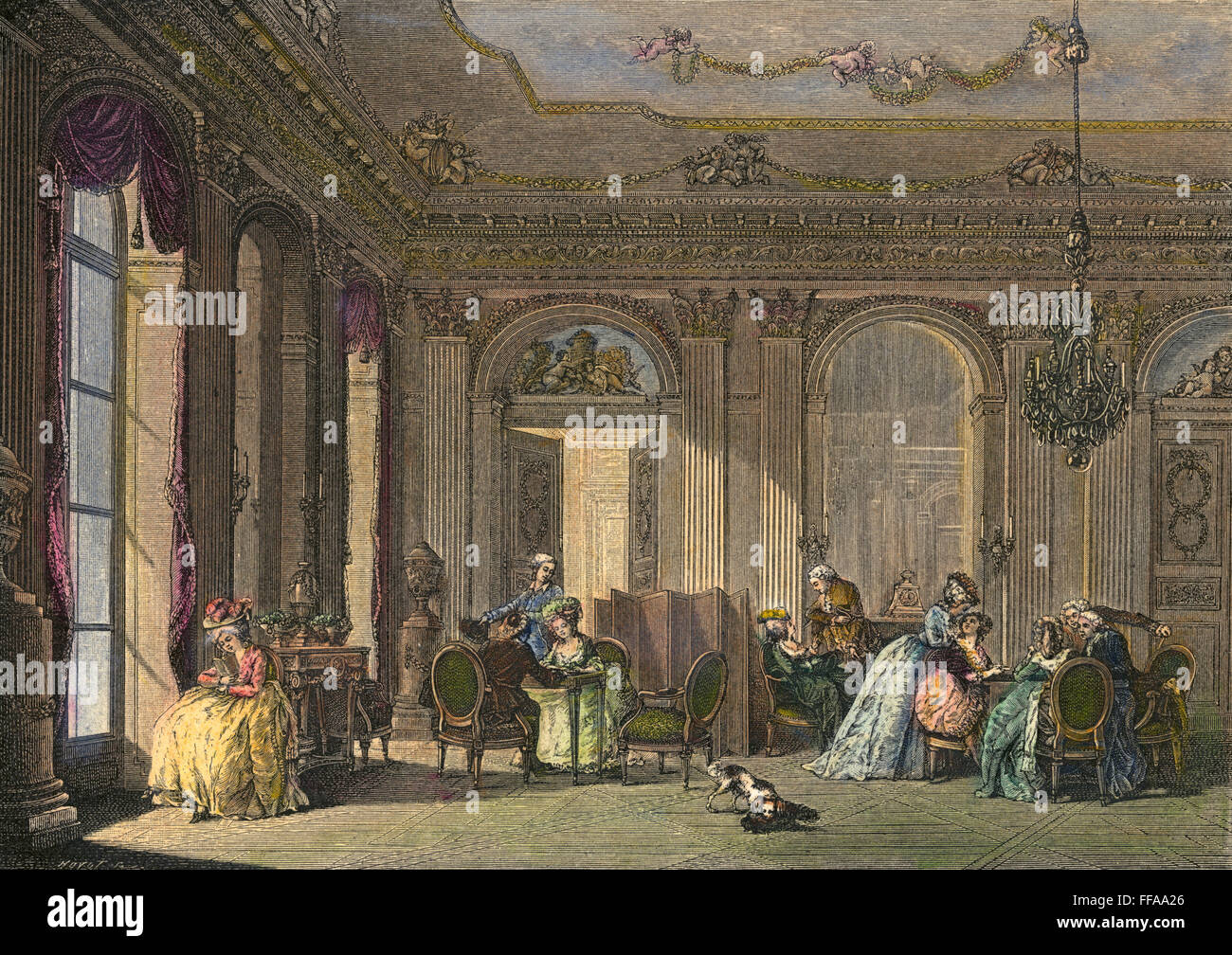 Salone di francese, XVIII secolo./nA salone francese durante il regno di Luigi XVI (1774-1792). Incisione su legno, secolo XIX, dopo un dipinto da Lawrence. Foto Stock