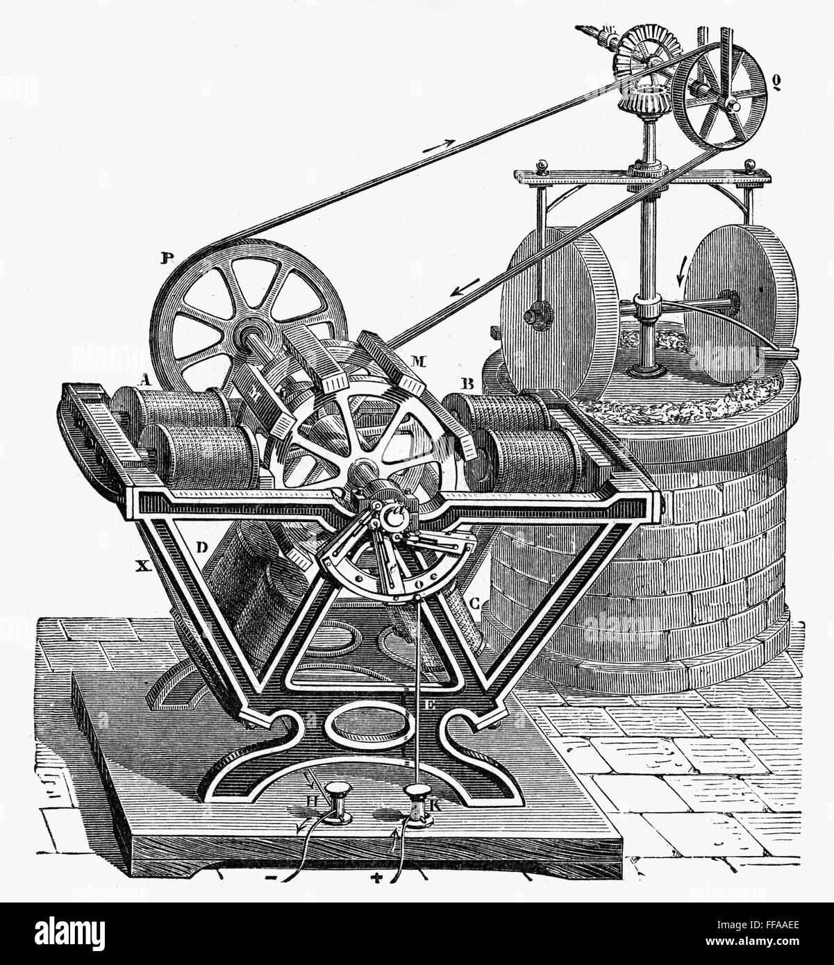 Elettricità: motori. /NFroment's motor di 1840s, imbrigliato in una coppia di macine. Foto Stock