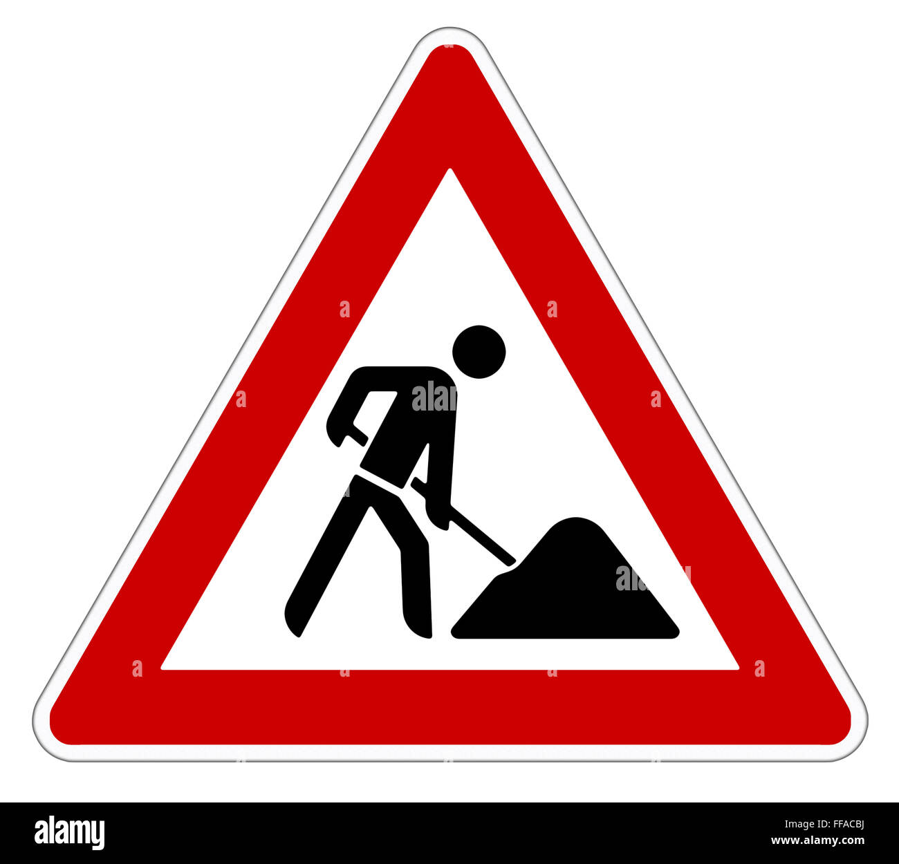 Attenzione roadworks segno su sfondo bianco Foto Stock