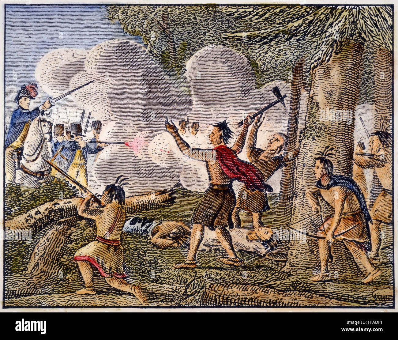 Guerra YAMASEE, 1715. /NGovernor Craven della Carolina del Sud attacca i Yamasee nativi americani al Combahee River nel 1715 all inizio della guerra Yamasee. Incisione su legno da "Elementi di storia generale", New Haven, 1844. Foto Stock