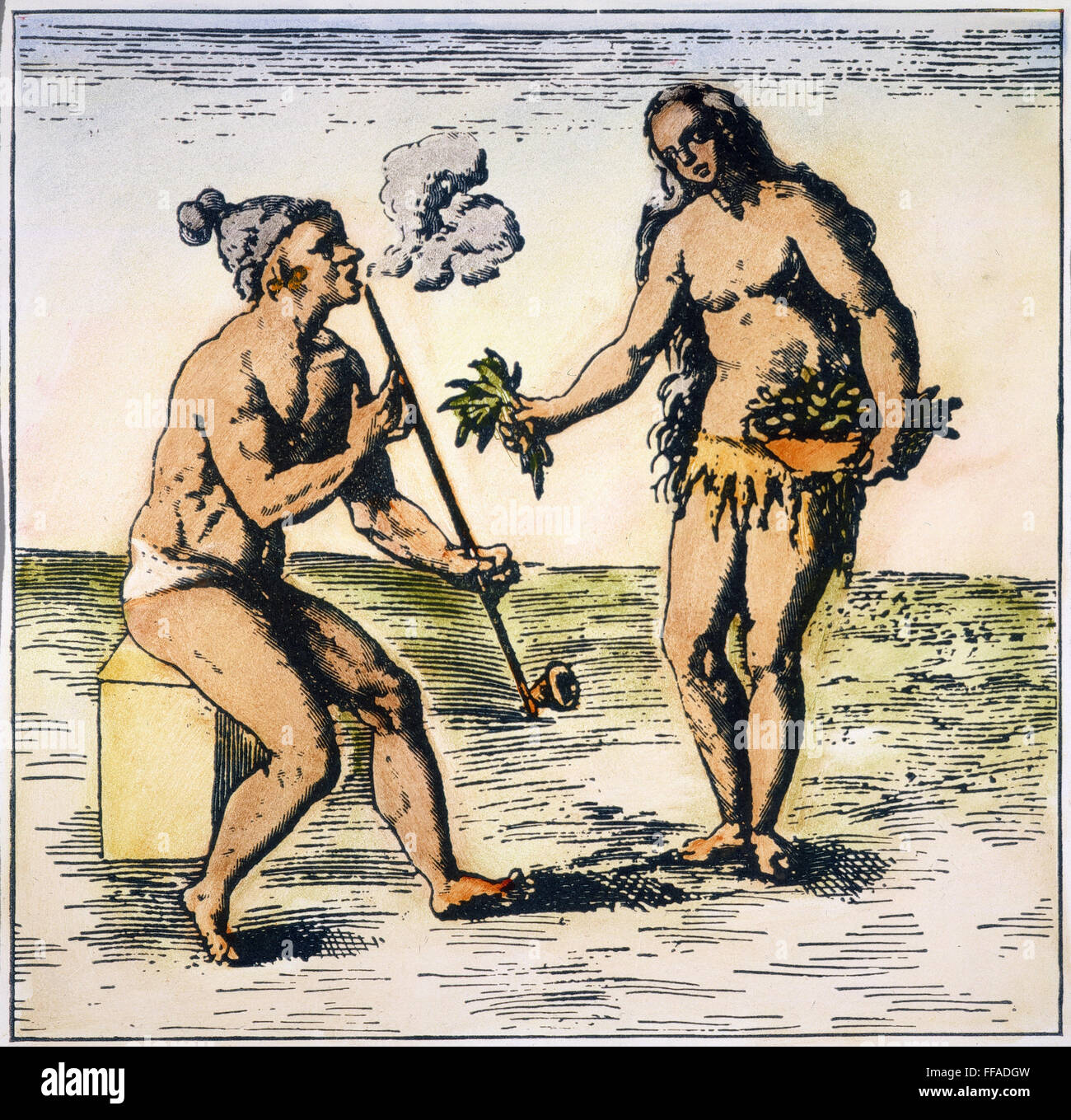 DE BRY: FLORIDA nativi americani./nA Florida nativa americana di fumare un tubo. Dettaglio di un incisione, 1591, da Theodor de bry. Foto Stock