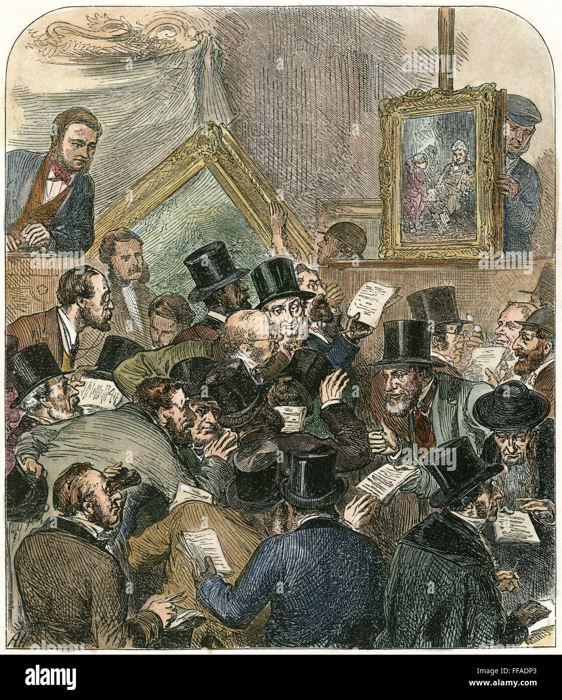 Asta di pittura, 1882./nAn asta di dipinti a Londra. Incisione su legno, inglese, 1882. Foto Stock