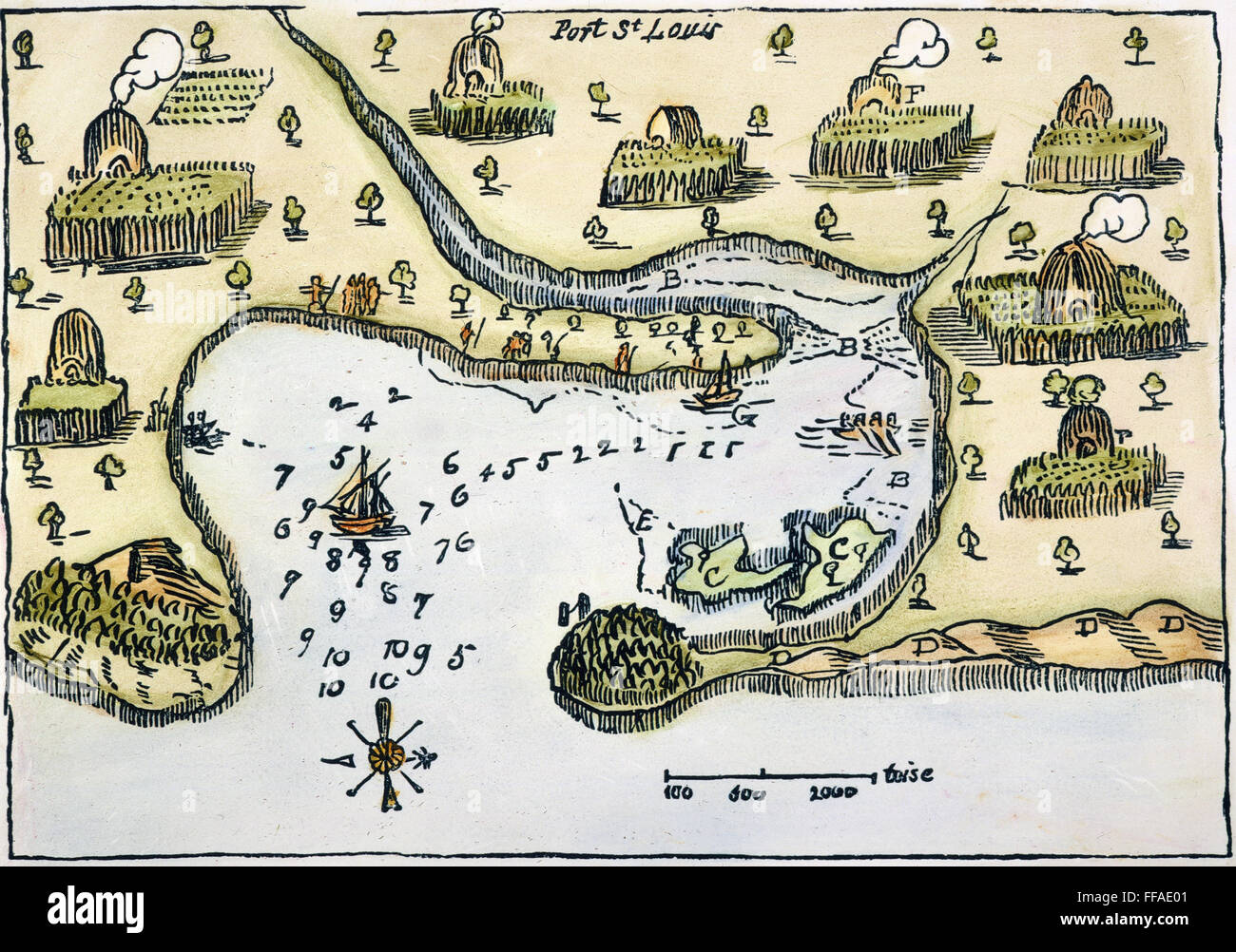 PLYMOUTH, MA MAPPA 1605. /NSamuel de Champlain la mappa di Port Louis, poi risolta dall'Inglese come Plymouth, Massachusetts, aspirato durante un expedetion del 1605. Foto Stock