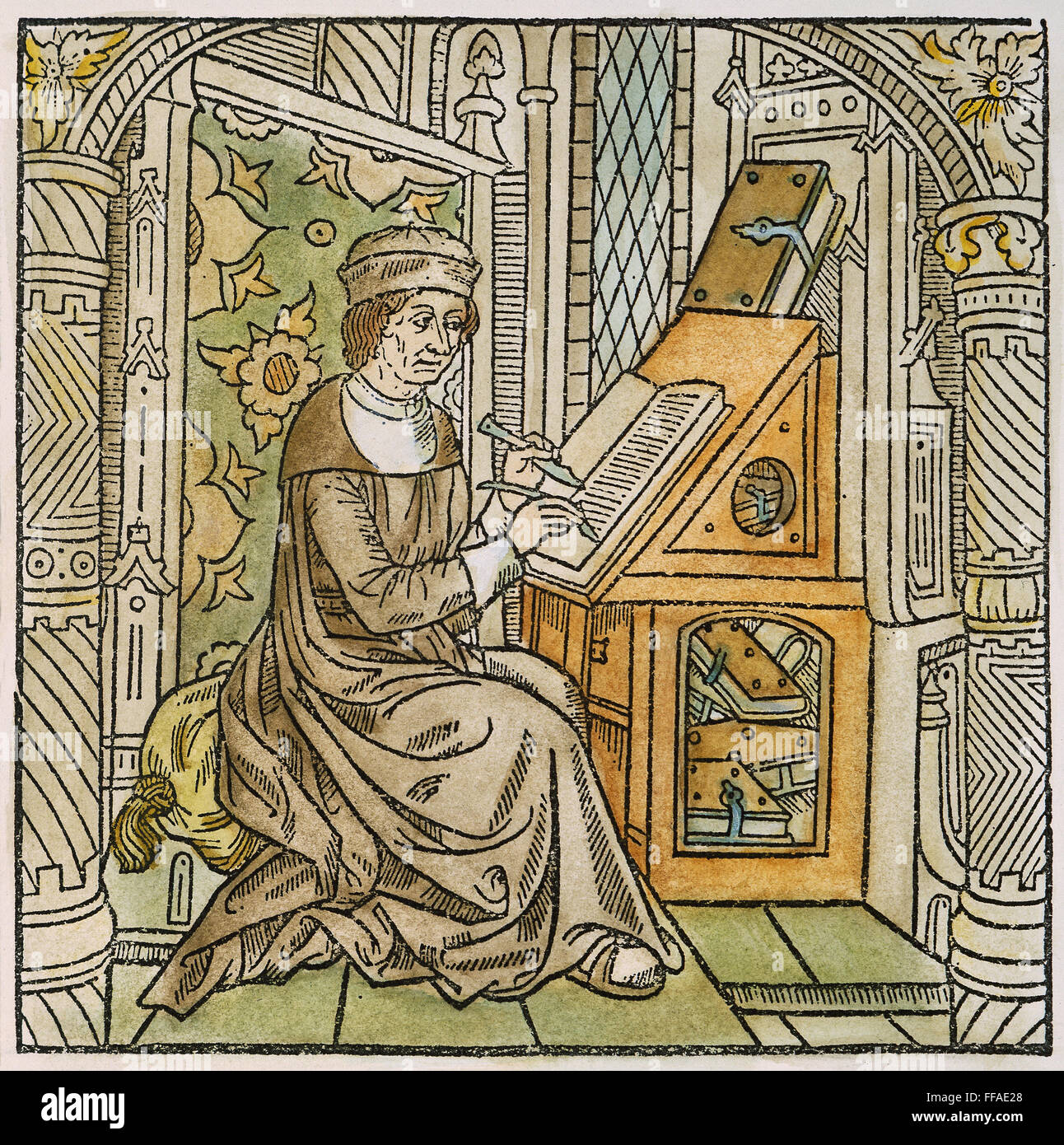 Scriba, 1500. /NA monaco medioevale mantenendo il monastero di account: xilografia, francese, 1500. Foto Stock