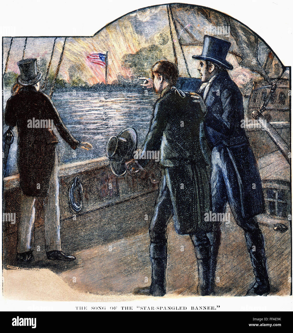 FRANCIS SCOTT KEY, 1814. /Nla (1779-1843) detenuti su una nave britannica nel porto di Baltimora, settembre 1814, orologi il bombardamento di Fort McHenry e la bandiera che lo spinse a scrivere "La Stella Lamas Banner.' incisione su legno, americano, 1885. Foto Stock