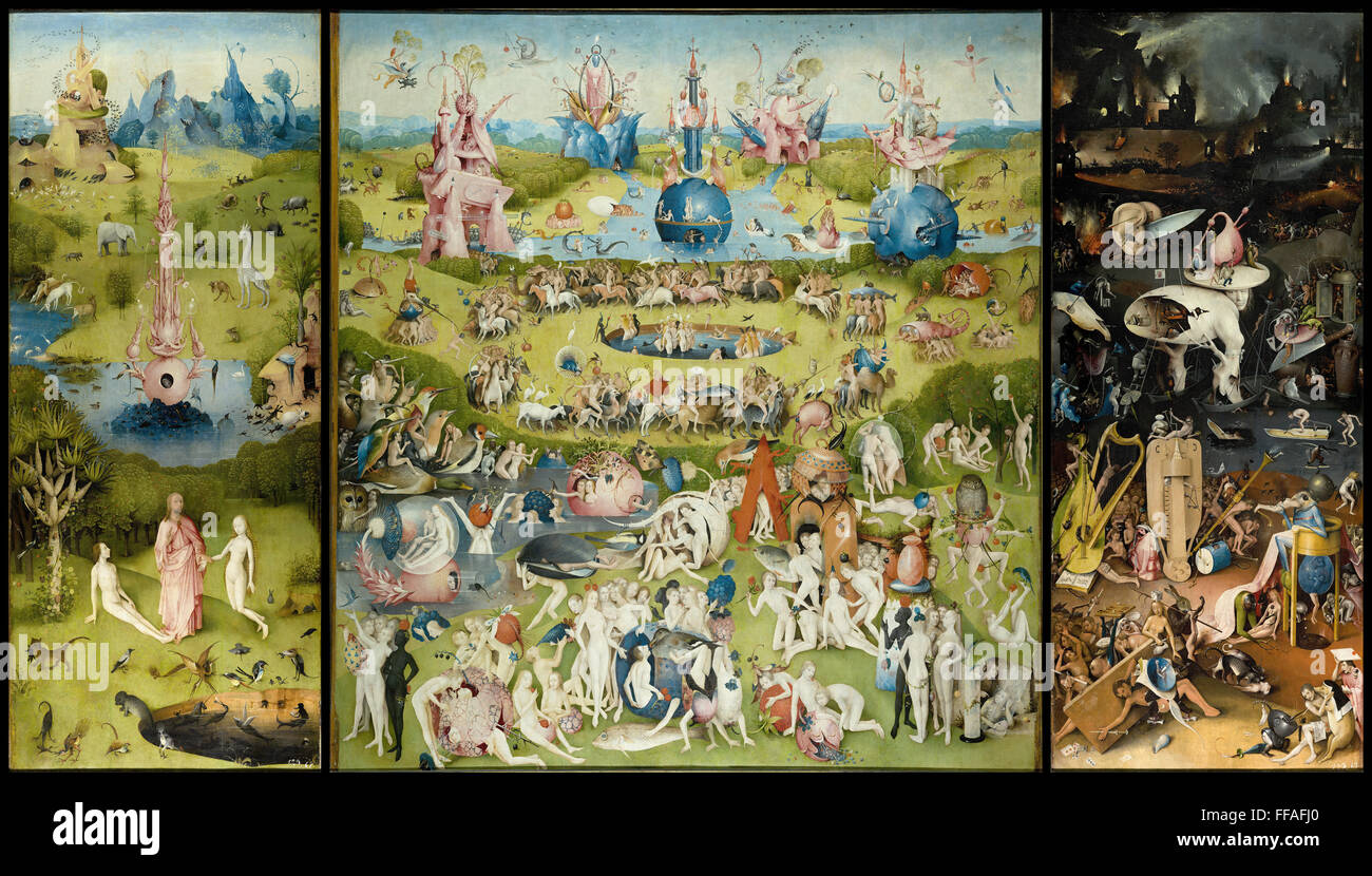 Il Giardino delle Delizie trittico dipinto del pannello da Hieronymus Bosch Foto Stock