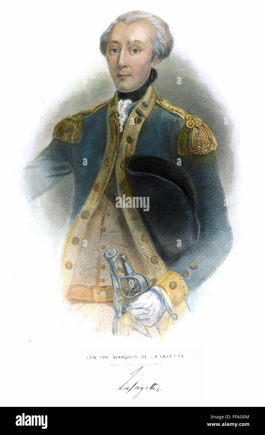 Il marchese de LAFAYETTE /n(1757-1834). Soldato francese e più. E la linea di incisione imbianchini, americano, del xix secolo, dopo una stampa francese del 1781. Foto Stock