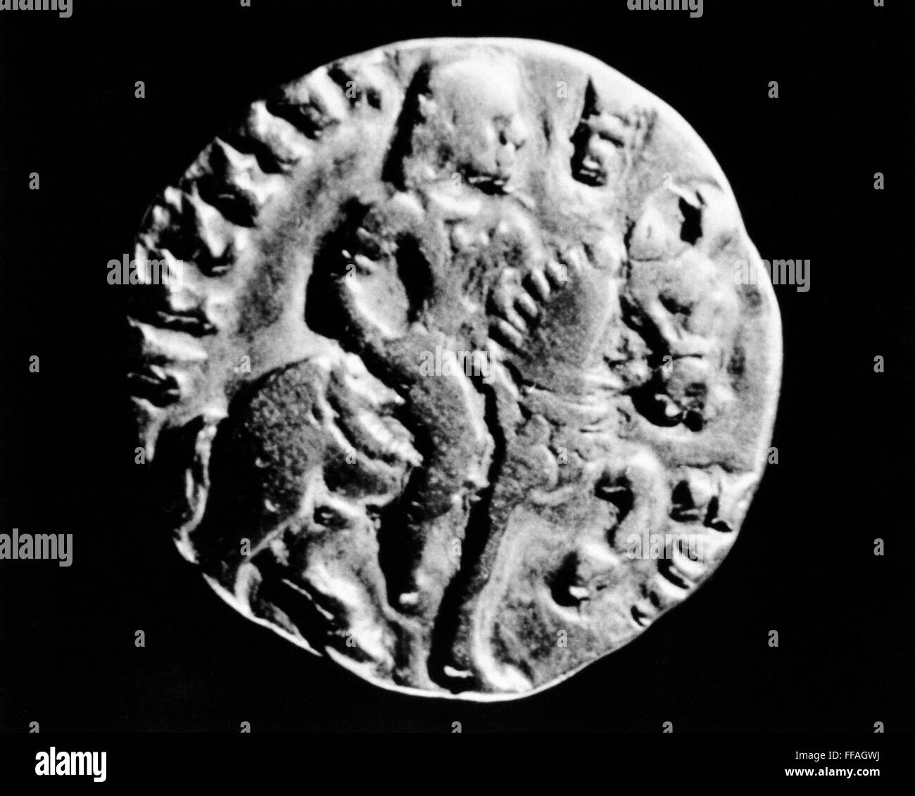 Ho KUMARAGUPTA, d. 455. /NFourth re della dinastia Gupta dell India, 414-455. Kumaragupta a cavallo su una moneta in oro del suo regno. Foto Stock