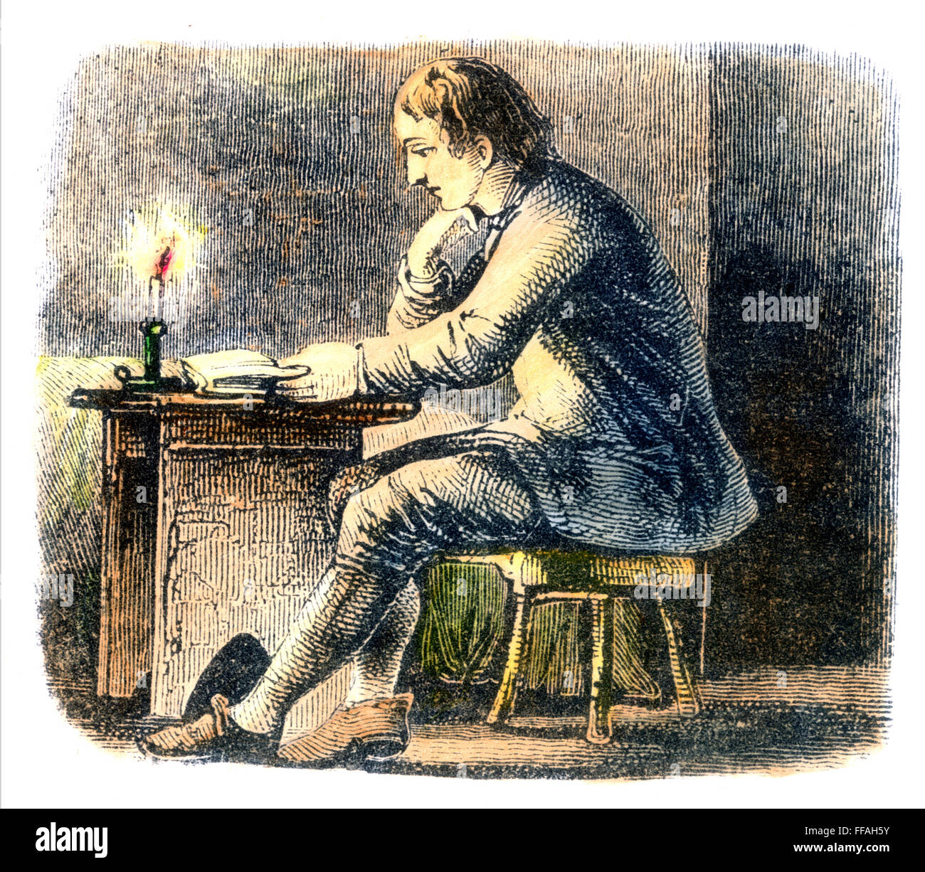 BENJAMIN FRANKLIN (1706-1790). /NAmerican stampante, publisher, scienziato, inventore, statista e diplomatico. Giovani Benjamin Franklin la lettura a lume di candela: incisione su legno, 1852. Foto Stock