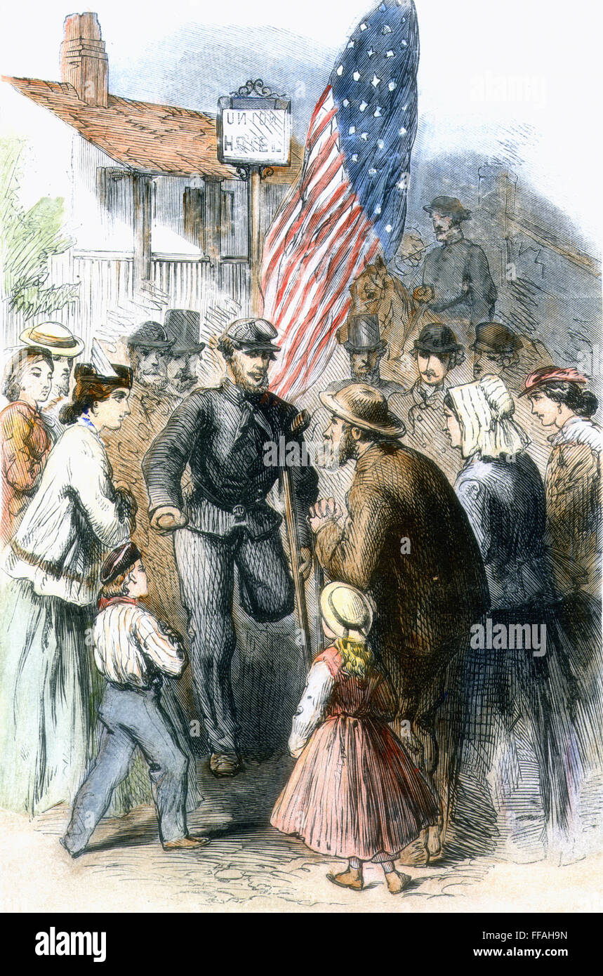 La guerra civile: veterano, 1867. /NA veterano confederato della guerra civile con una gamba amputata sotto il ginocchio, circondato da una folla. Incisione su legno, 1867. Foto Stock