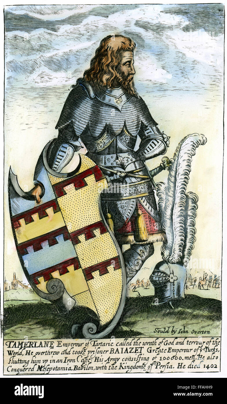 TAMERLANE (1336?-1405). /NTurkic conquistatore, nato vicino a Samarcanda. Incisione su rame, inglese del XVIII secolo. Foto Stock