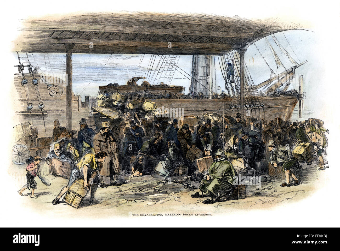 Immigranti irlandesi, 1850. /NEmbarking a Liverpool per l'America. Incisione su legno, inglese, 1850. Foto Stock