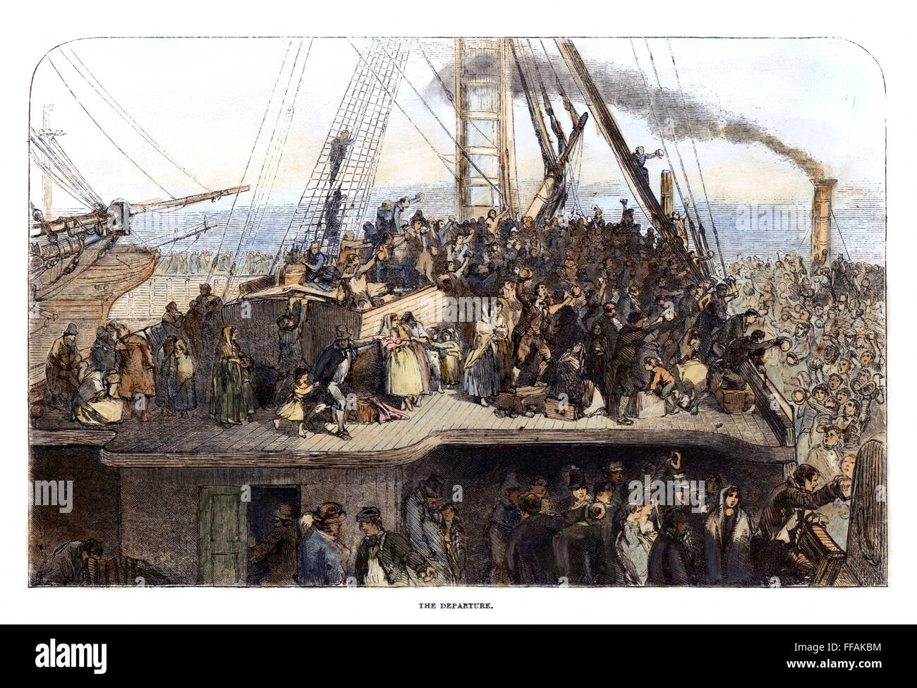 Immigranti irlandesi, 1850. /Nil partenza per l'America: incisione su legno, inglese, 1850. Foto Stock