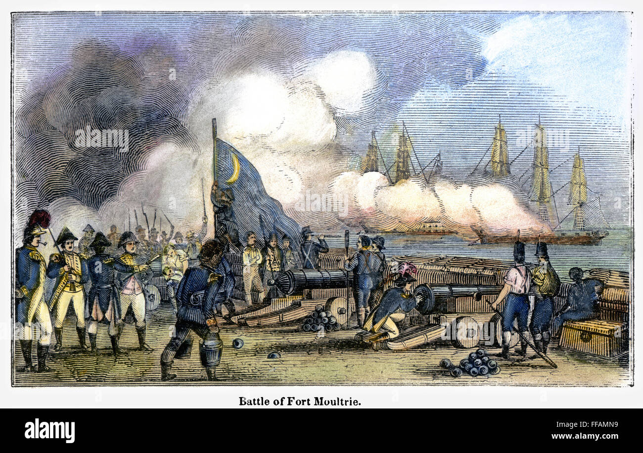 FORT MOULTRIE battaglia, 1776. /Nil pistole di Fort Moultrie su Sullivan's Island, vicino a Charleston, Carolina del Sud, la repulsione di un squadron britannico il 28 giugno 1776. Incisione su legno, americano, 1844. Foto Stock