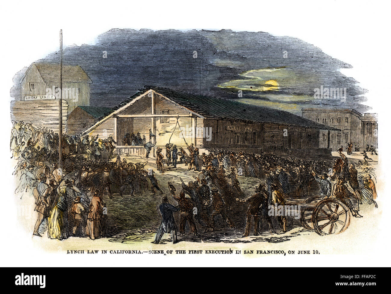 VIGILANTES, 1851. /Nil esecuzione di un ladro da vigilantes a San Francisco, 10 Giugno 1851: Contemporanea incisione su legno. Foto Stock