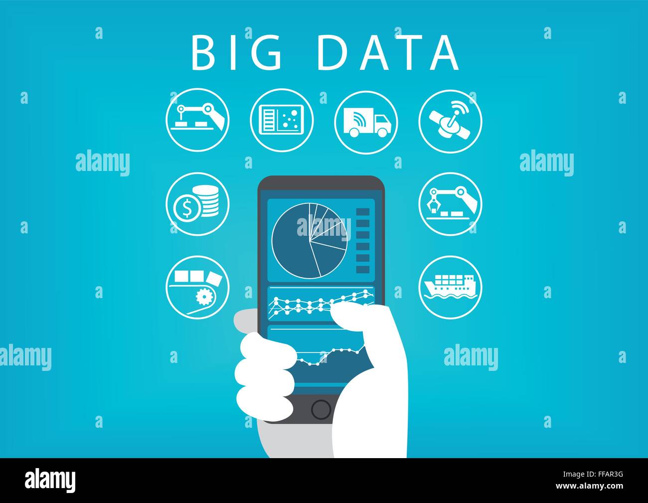 Mano azienda smart phone con mobile dashboard di analisi dei dati per dati di grandi dimensioni. Concetto di diverse imprese e industrie. Illustrazione Vettoriale