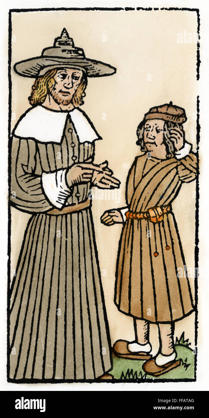 Pedagogo e ragazzo, 1493. /NWoodcut da "Compost et Kalendrier des Bergiers', pubblicato a Parigi, 1493. Foto Stock