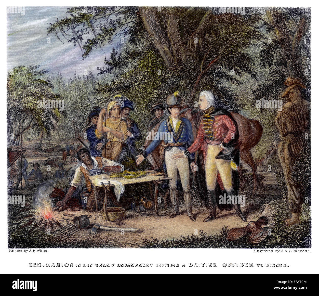 FRANCIS Marion (1732?-1795). /NAmerican comandante rivoluzionario. 'General Marion nel suo accampamento di palude invitando un ufficiale britannico per la cena.' incisione in acciaio, c1850, dopo un dipinto da Giovanni Blake bianco. Foto Stock