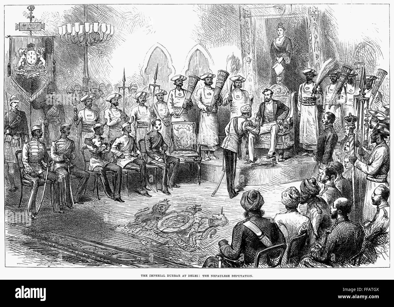 La storia del mondo: India. /Nil proclamazione della regina Victoria come imperatrice dell India all'Imperial Durbar a Delhi il 1 gennaio 1877. La deputazione nepalese. Contemporanea inglese incisione su legno. Foto Stock