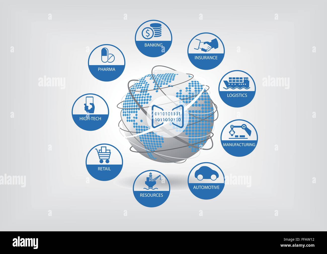 Business digitale illustrazione vettoriale. Icone del digitale a livello globale nei settori bancario e assicurativo, della logistica e della produzione Illustrazione Vettoriale