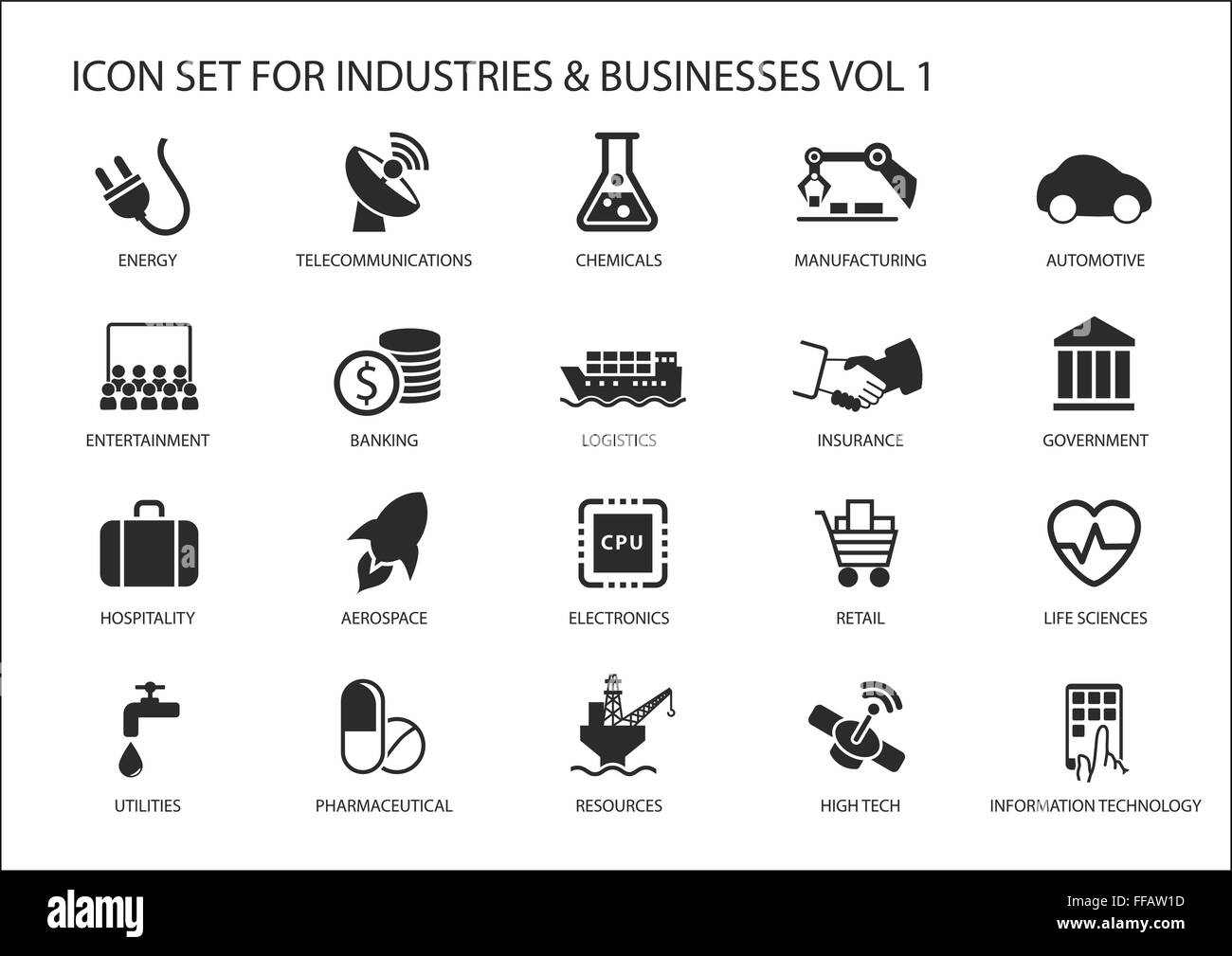 Business icone e simboli dei vari settori / Settori di business come il settore dei servizi finanziari, automotive, scienze della vita, Illustrazione Vettoriale