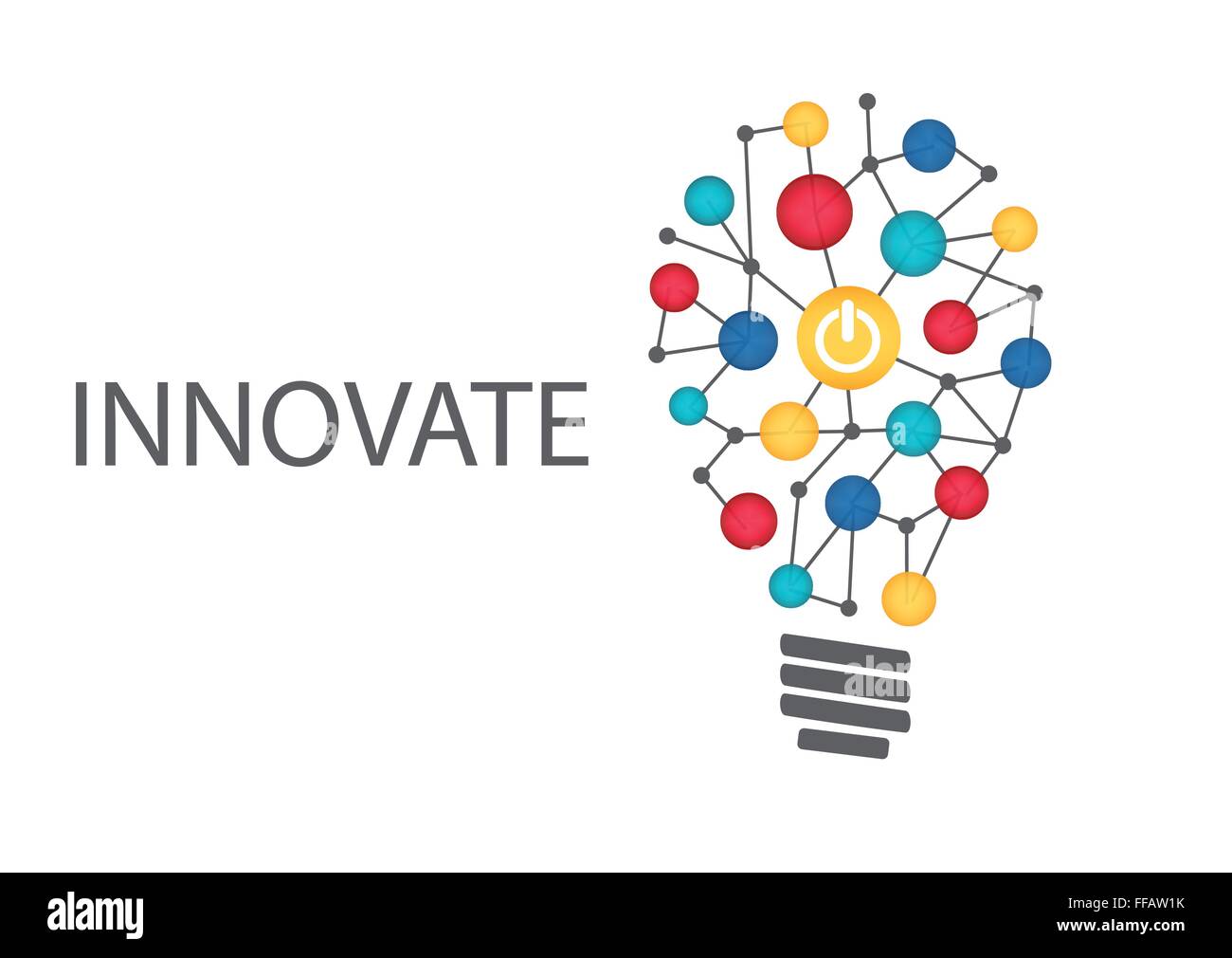 Innovare la concezione di business dello sfondo. Lampadina con pulsante di accensione come simbolo per l'innovazione Illustrazione Vettoriale