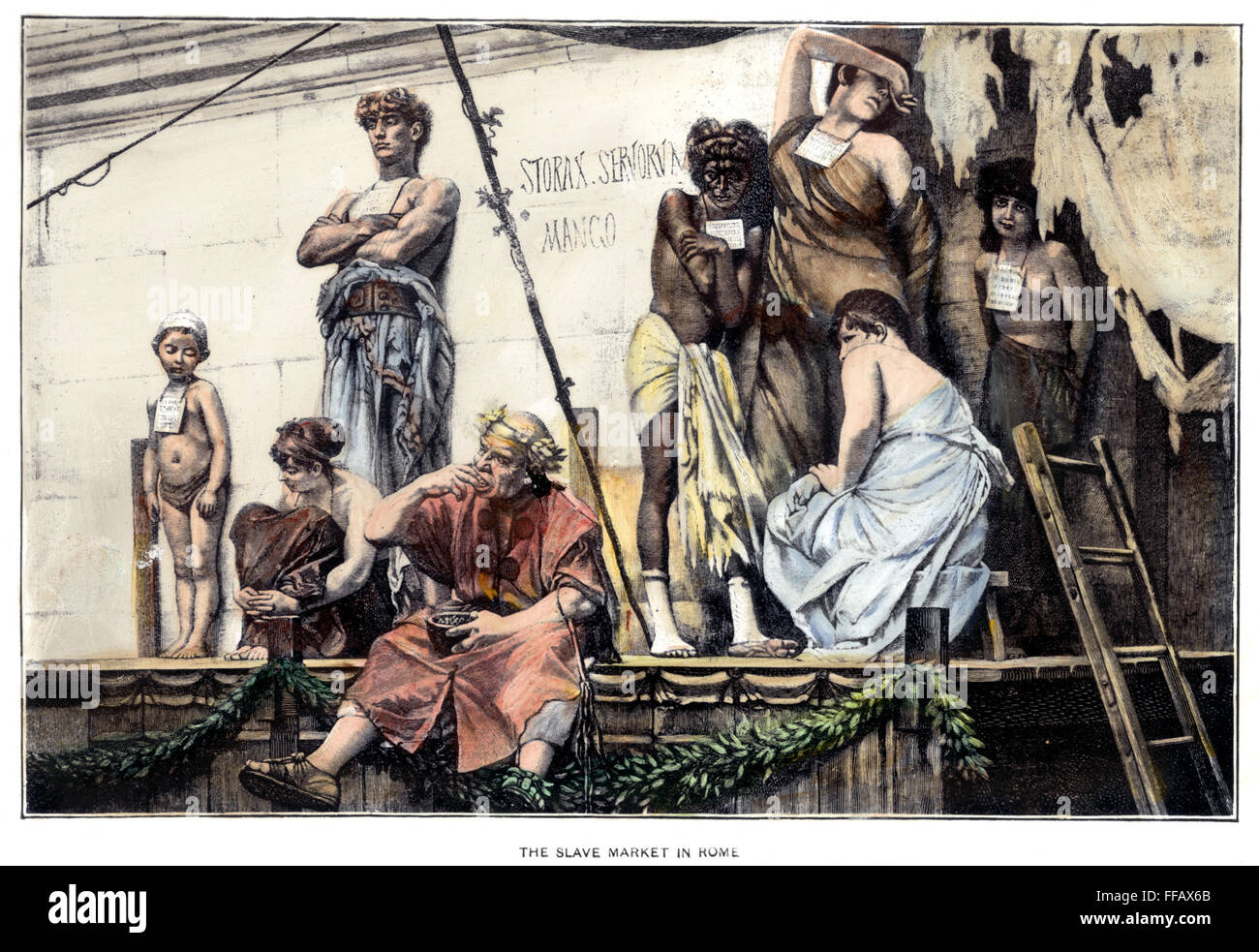 Roma Antica: mercato di schiavi. /NA mercato di schiavi nella Roma antica: linea colorata, incisione del XIX secolo. Foto Stock