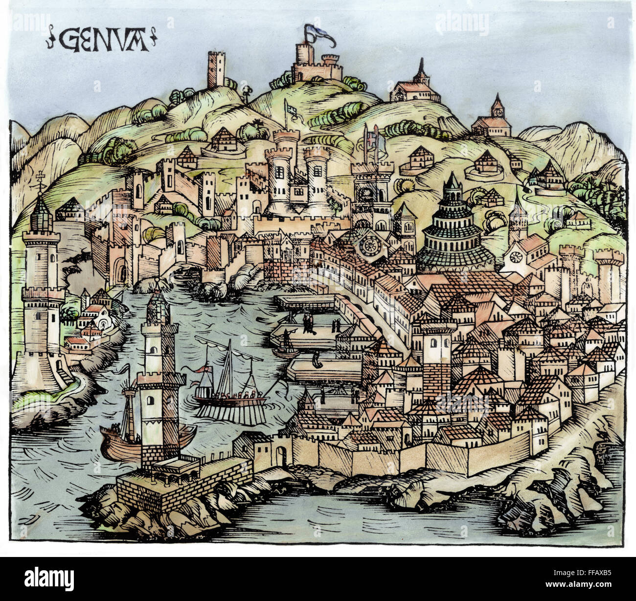 Il porto di Genova, 1493. /NColored xilografia tedesca, 1493. Foto Stock