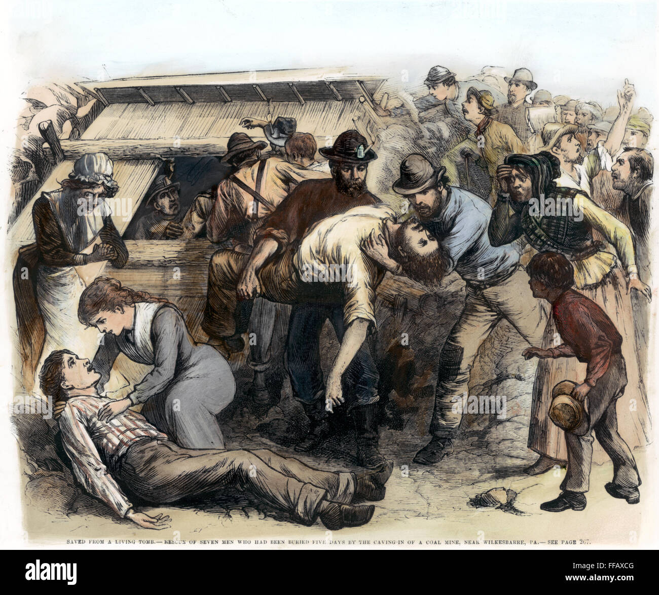 Le miniere di carbone, 1879. /Nil salvataggio di sette uomini da una miniera di carbone che aveva ceduto vicino a Wilkes-Barre, Pennsylvania, 1879: Contemporanea incisione su legno. Foto Stock