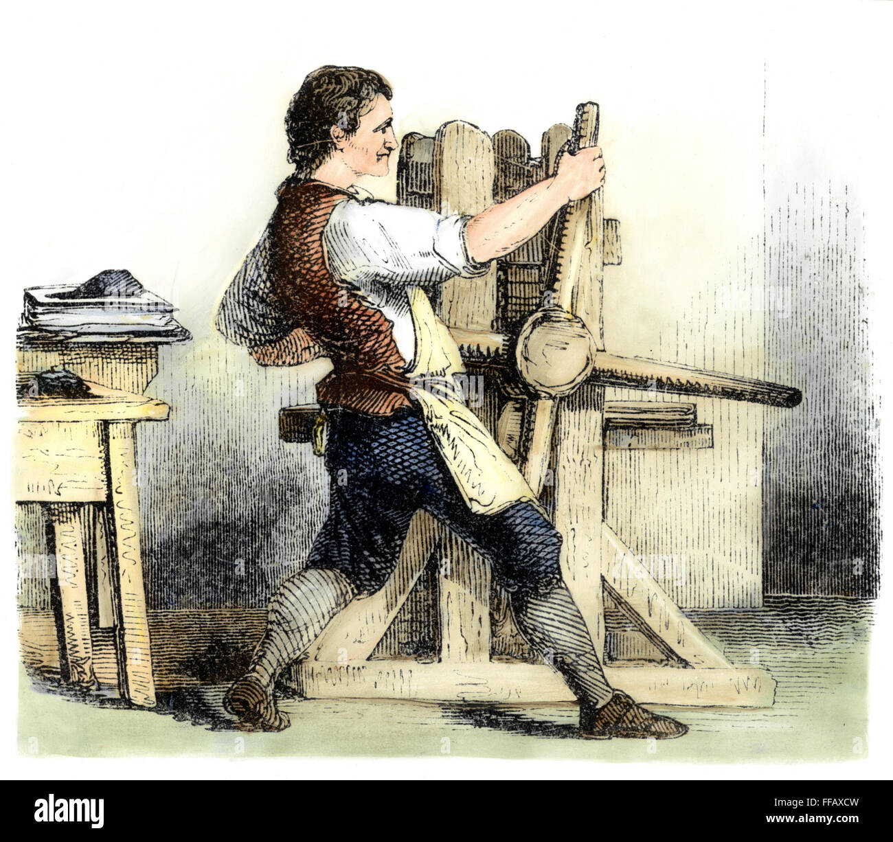 BENJAMIN FRANKLIN (1706-1790). /NAmerican stampante, publisher, scienziato, inventore, statista e diplomatico. Franklin al lavoro nel suo negozio di stampa: incisione su legno, 1852. Foto Stock