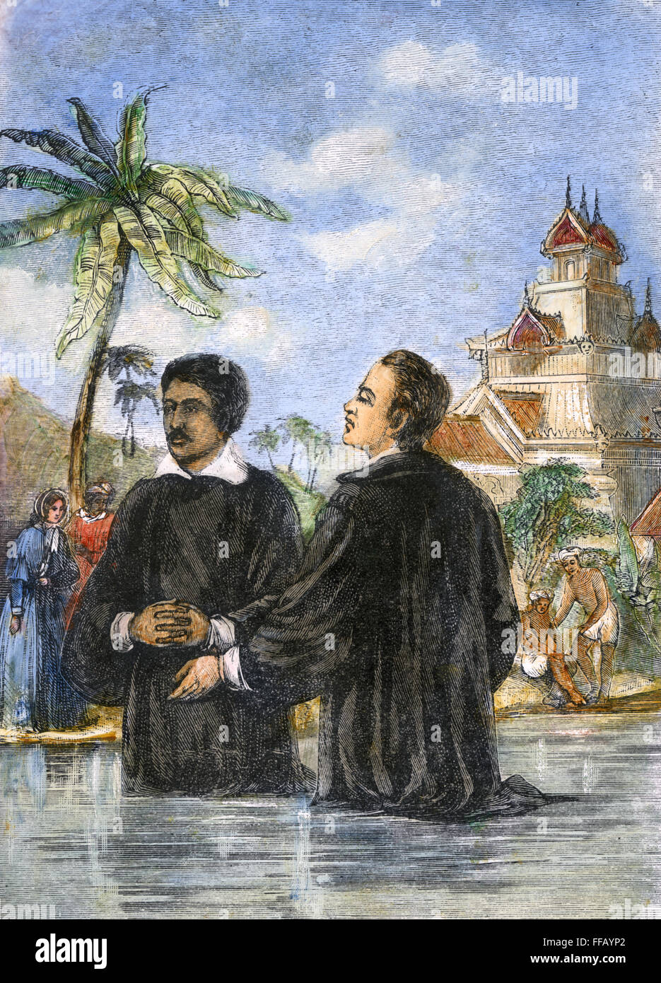 Missionari: il battesimo. /NBaptism di convertire in Birmania da americano missionario battista, Adoniram Judson (1788-1850). Incisione su legno, americano, metà del XIX secolo. Foto Stock