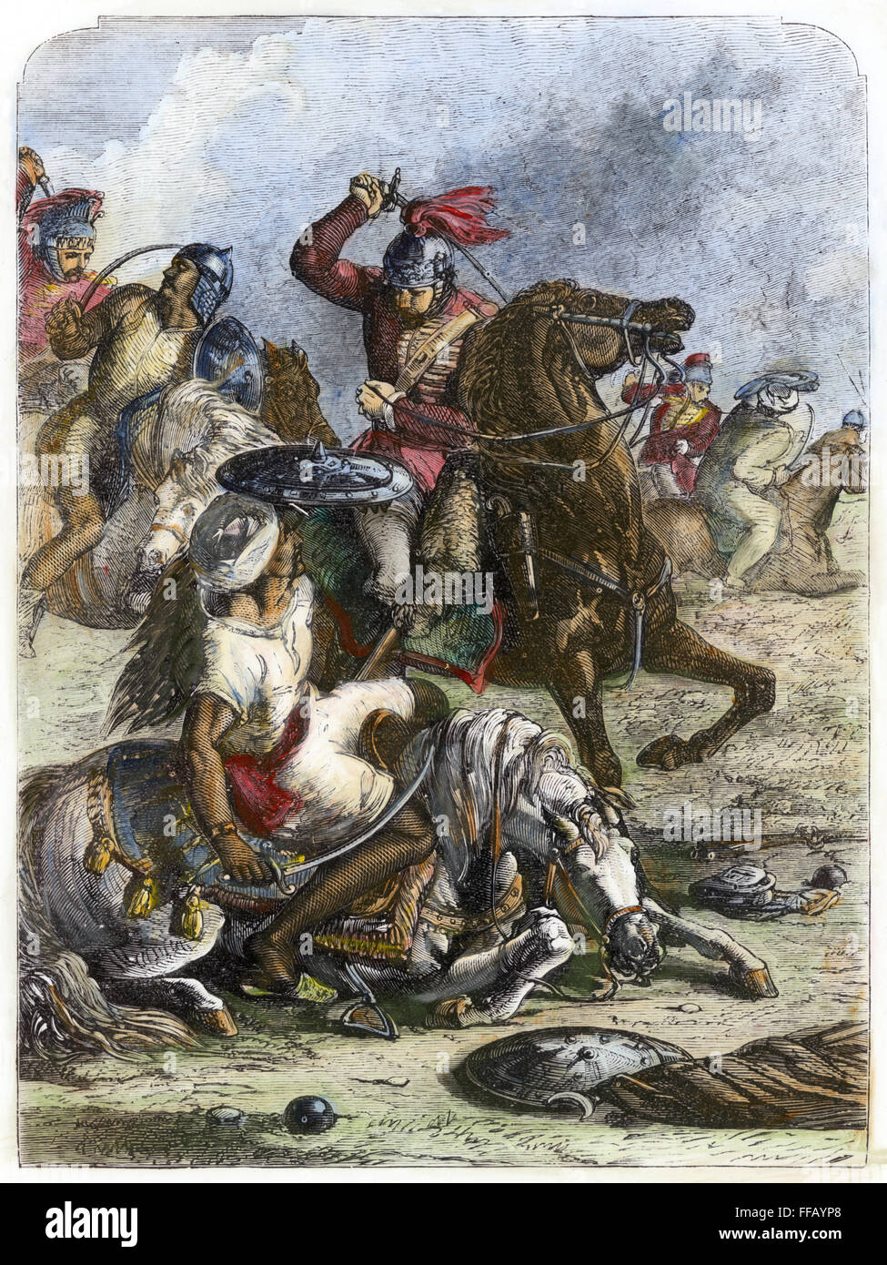 Battaglia di ASSAYE, 1803. /Nil vittoria di britannici e forze Sepoy sotto generale Arthur Wellesley (il futuro duca di Wellington) presso il villaggio di Assaye, India, durante la Seconda Guerra Maratti, 23 settembre 1803. Incisione su legno, xix secolo. Foto Stock