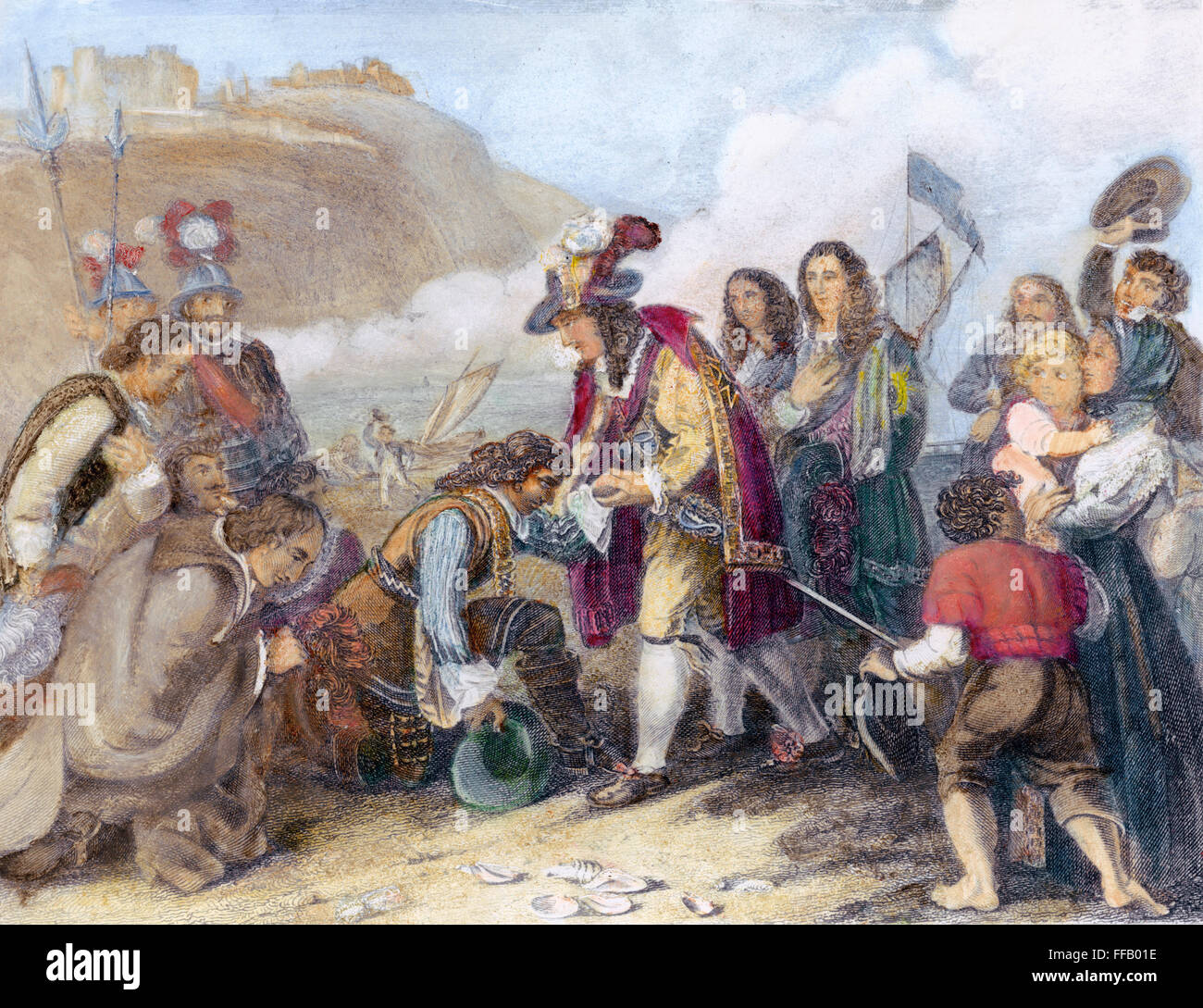 Carlo II (1630-1685). /NKing di Gran Bretagna e Irlanda, 1660-1685. Charles lo sbarco a Dover in 1660: acciaio, incisione del XIX secolo. Foto Stock