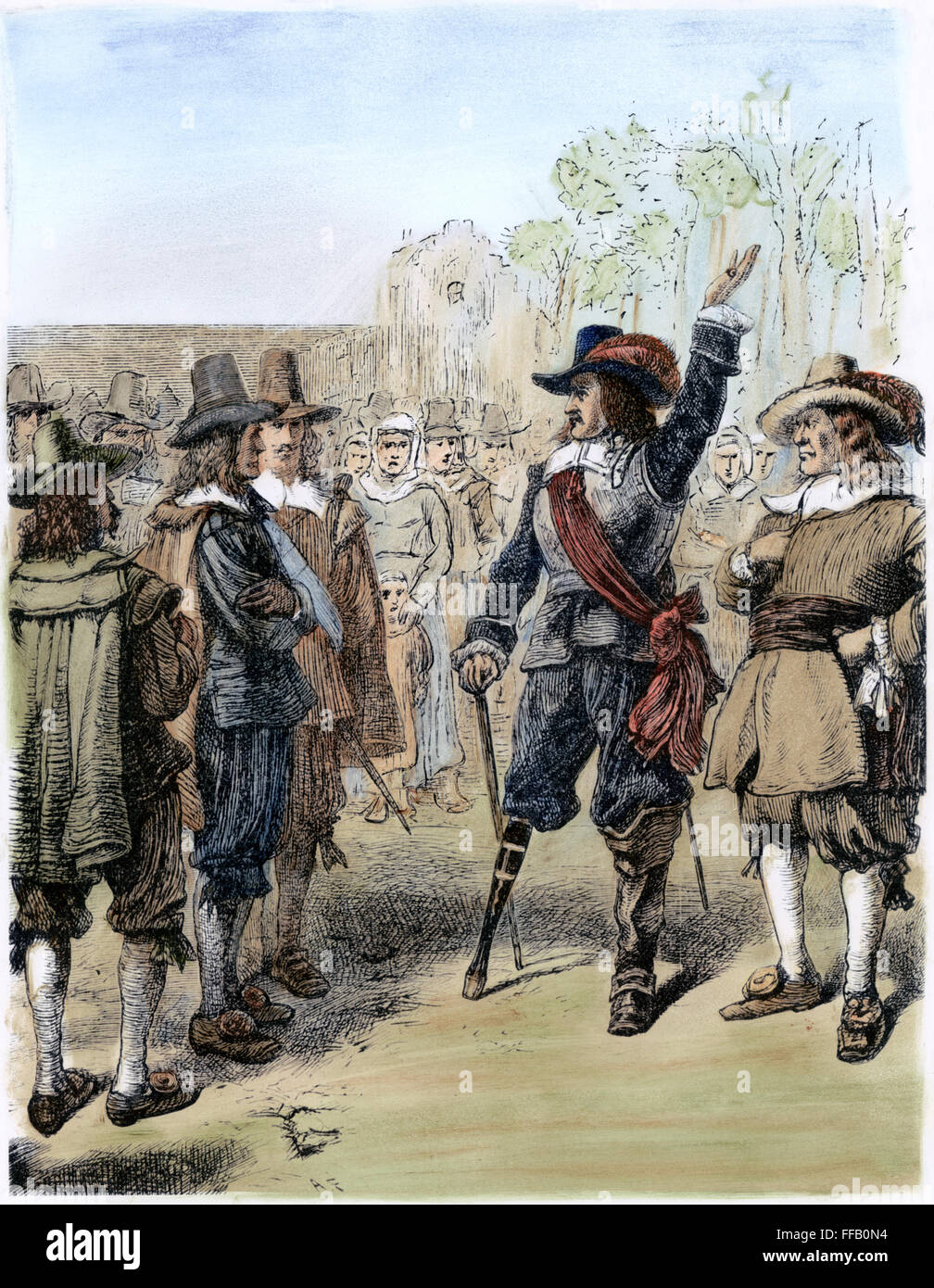 Arrivo di STUYVESANT, 1647. /Nil arrivo di Peter Stuyvesant a New Amsterdam, 27 maggio 1647, a seguito della sua nomina a governatore della colonia di New Netherland: incisione su legno, americano, 1878. Foto Stock
