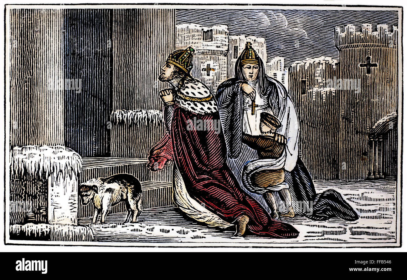 Enrico IV di Germania /n(1050-1106). Re di Germania e imperatore del Sacro Romano Impero (1056-1106). L'imperatore Enrico IV inginocchiato nella neve con sua moglie, l'Imperatrice Bertha, e il loro giovane figlio al di fuori della rocca di Canossa, Italia, 1077, cercando l assoluzione P Foto Stock