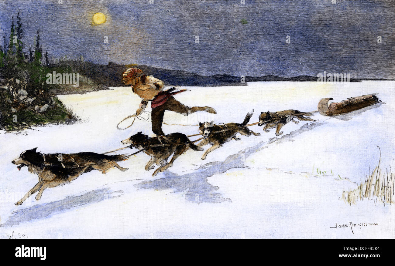 CANADA: commercio di pellicce, 1892. /NA pelliccia canadese cacciatore di animali da pelliccia e il suo team di cani husky tirando un toboggan caricato con pellicce attraverso la neve al chiaro di luna. Incisione su legno, 1892, dopo Frederic Remington. Foto Stock